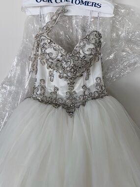 Beaded White Tulle Wedding Dress with Ornate Silver Embellishment